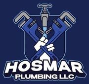 HOSMAR Plumbing LLC logo with crossed blue pipe wrenches and a central silver faucet on a dark blue background