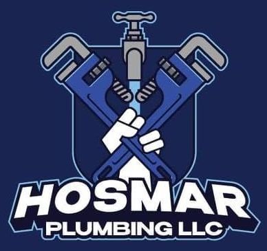 HOSMAR Plumbing LLC logo with crossed blue pipe wrenches and a central silver faucet on a dark blue background