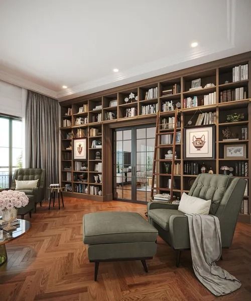 A cozy library with a large bookshelf, armchairs, and a footrest. Wooden floors and dark wooden accents.