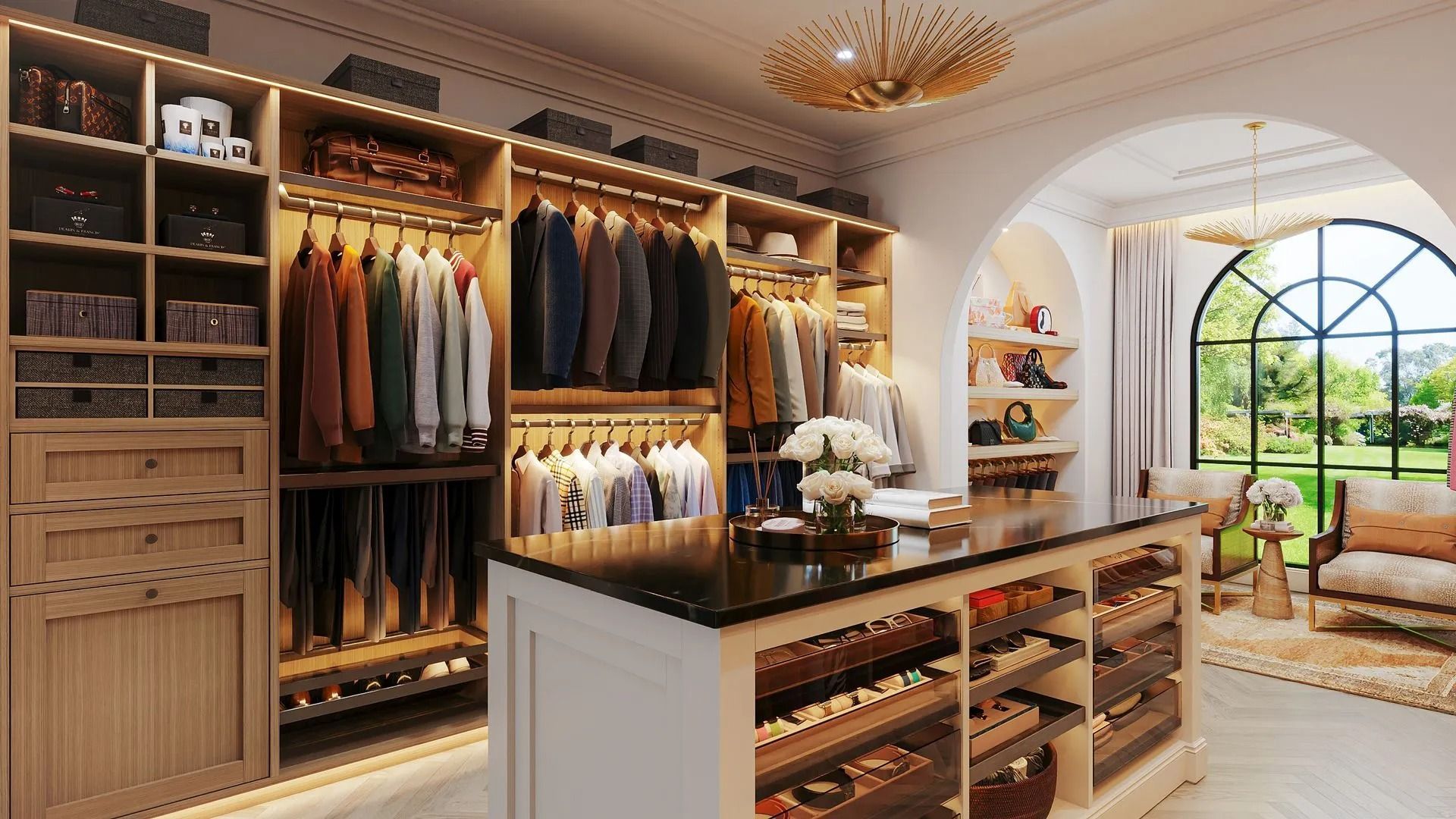 Luxurious walk-in closet with built-in shelving, clothes racks, island, and an arched window overlooking a garden.