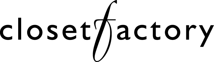 "closet factory" logo, black text with a cursive "f" connecting the words.