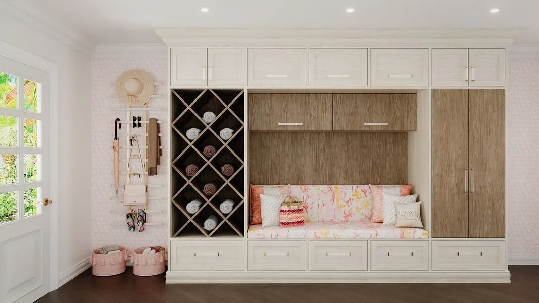 Built-in storage unit with wine rack, bench, and cabinet. Off-white and wood tones, with colorful cushions.