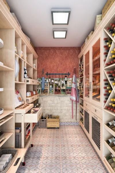 Pantry with light wood shelving, wine storage, red textured wall, and tiled floor.