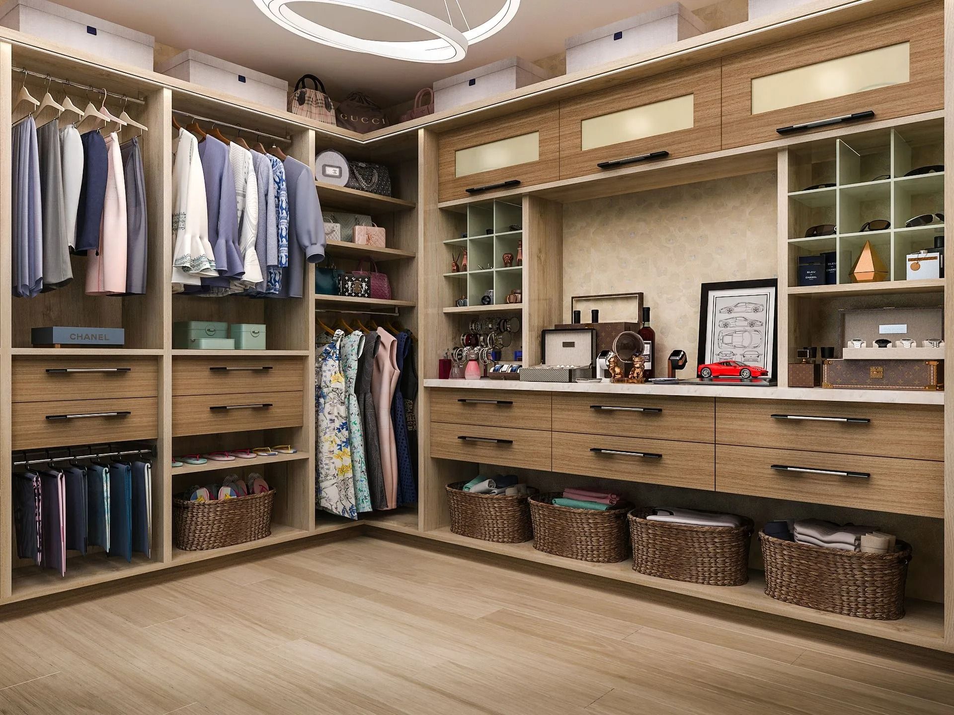 Walk-in closet with light-colored wooden shelves and drawers, filled with clothes, accessories, and baskets.