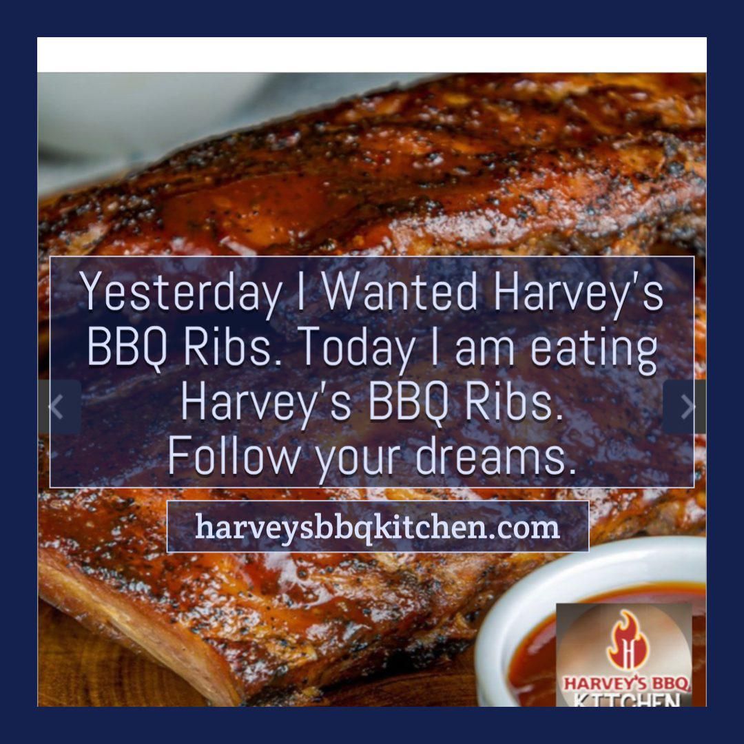 Close-up of BBQ ribs with text: 