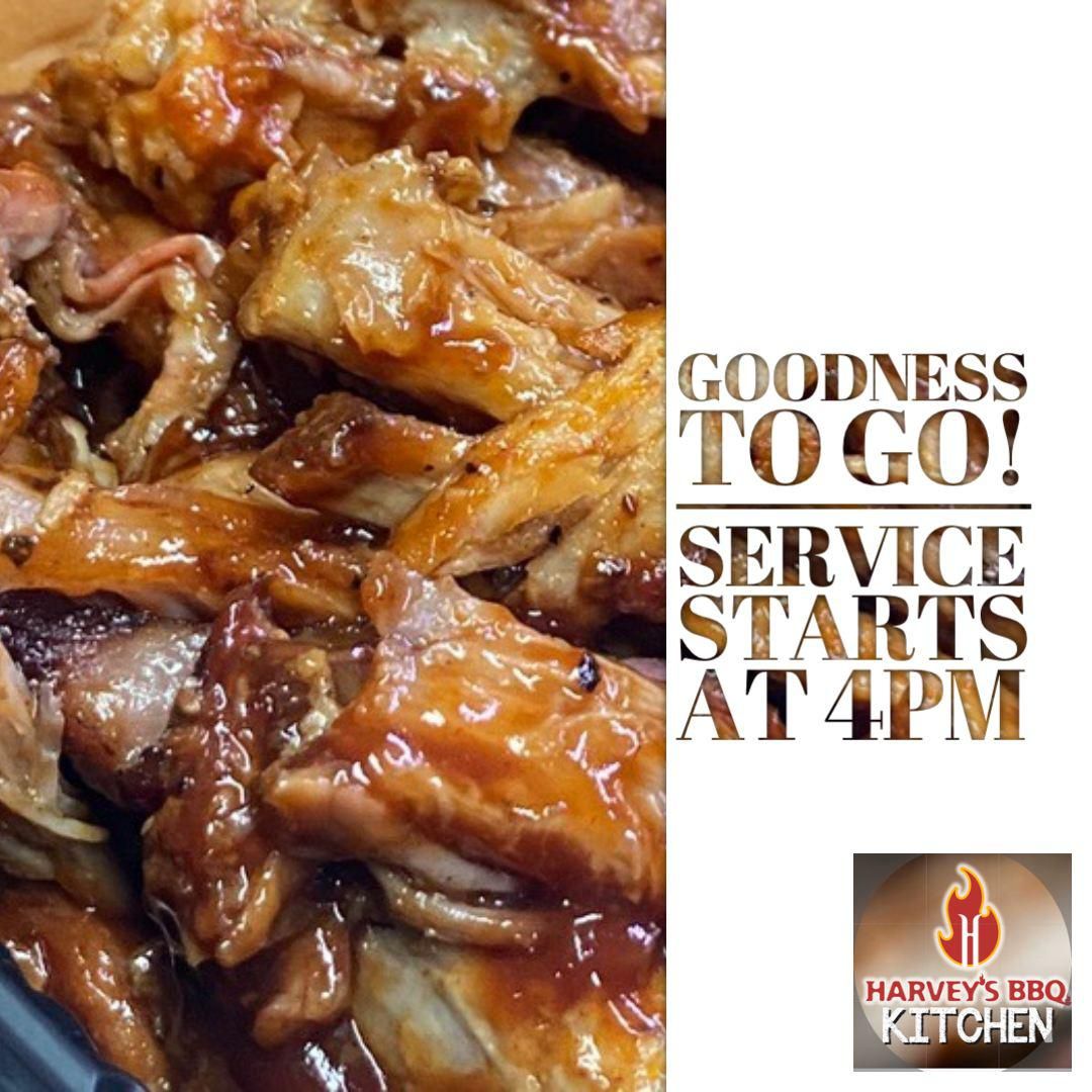Pulled pork with barbecue sauce. "Goodness to go! Service starts at 4PM" text with a Harvey's BBQ Kitchen logo.