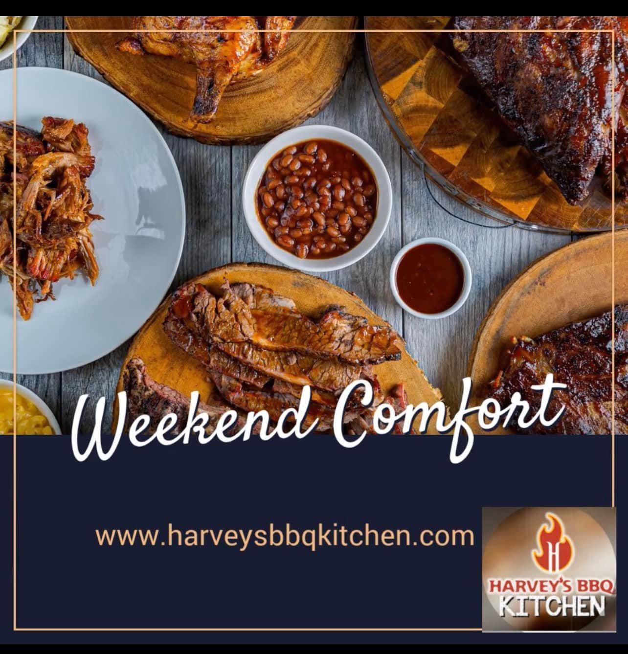 BBQ spread: chicken, ribs, beans, and sauce on a wooden table. Text says 