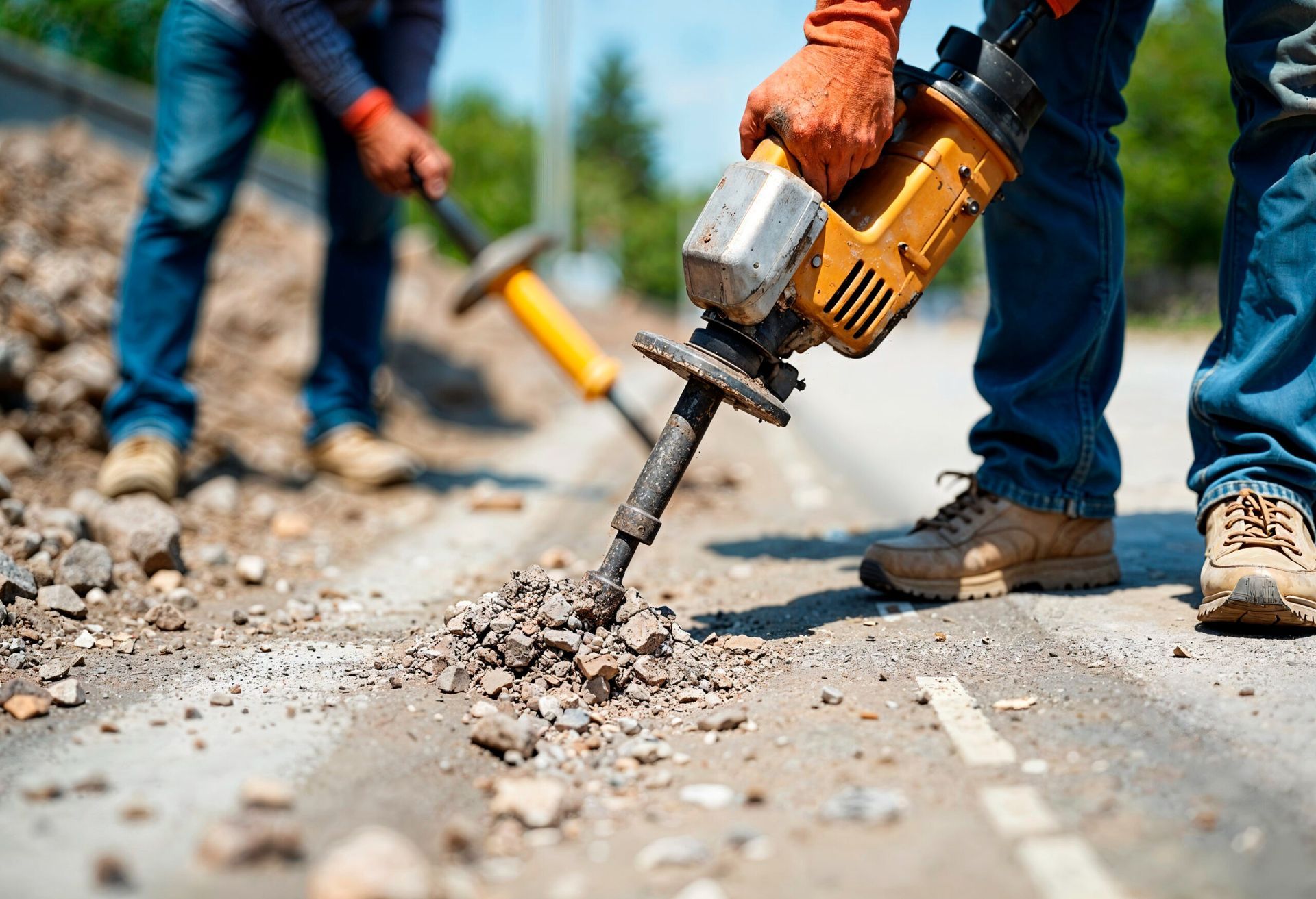 Workers using jackhammers to break up a road surface, with debris scattering on the pavement.