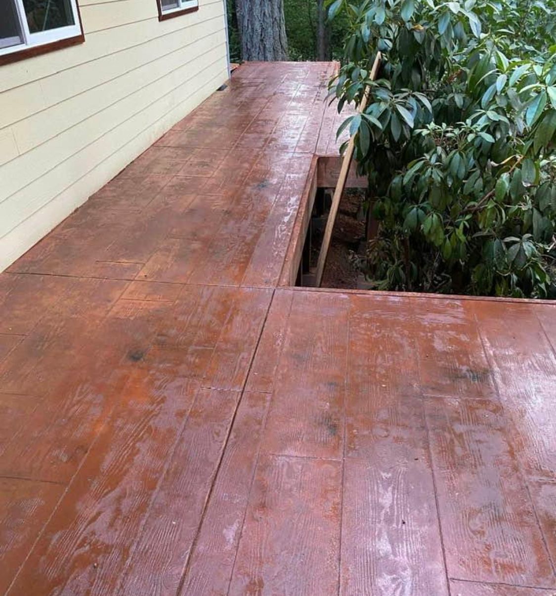 Wood-textured, stained concrete patio with gap near lush green bushes and the side of a beige house.