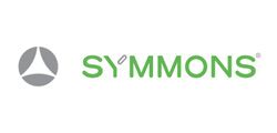 Symmons logo: gray triangle inside a circle, green text