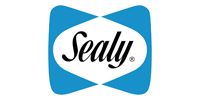 Sealy logo in white script on a blue bowtie-shaped background