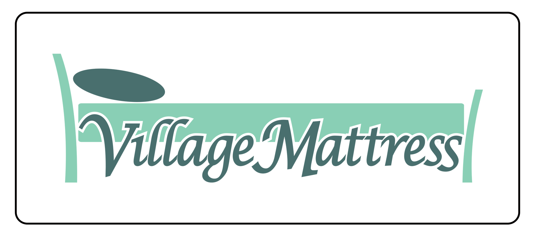 Village Mattress logo in teal text on a white background with a green underline and dark oval accent