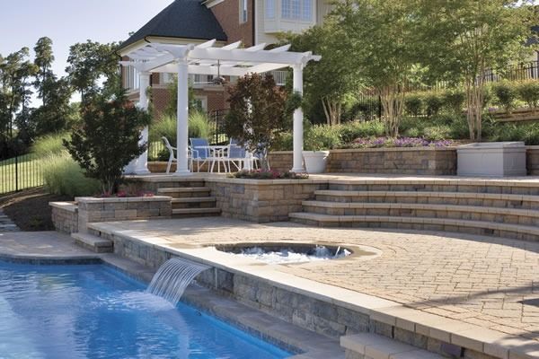 Backyard pool with waterfall, tiered patio, pergola with outdoor seating, and landscaping.