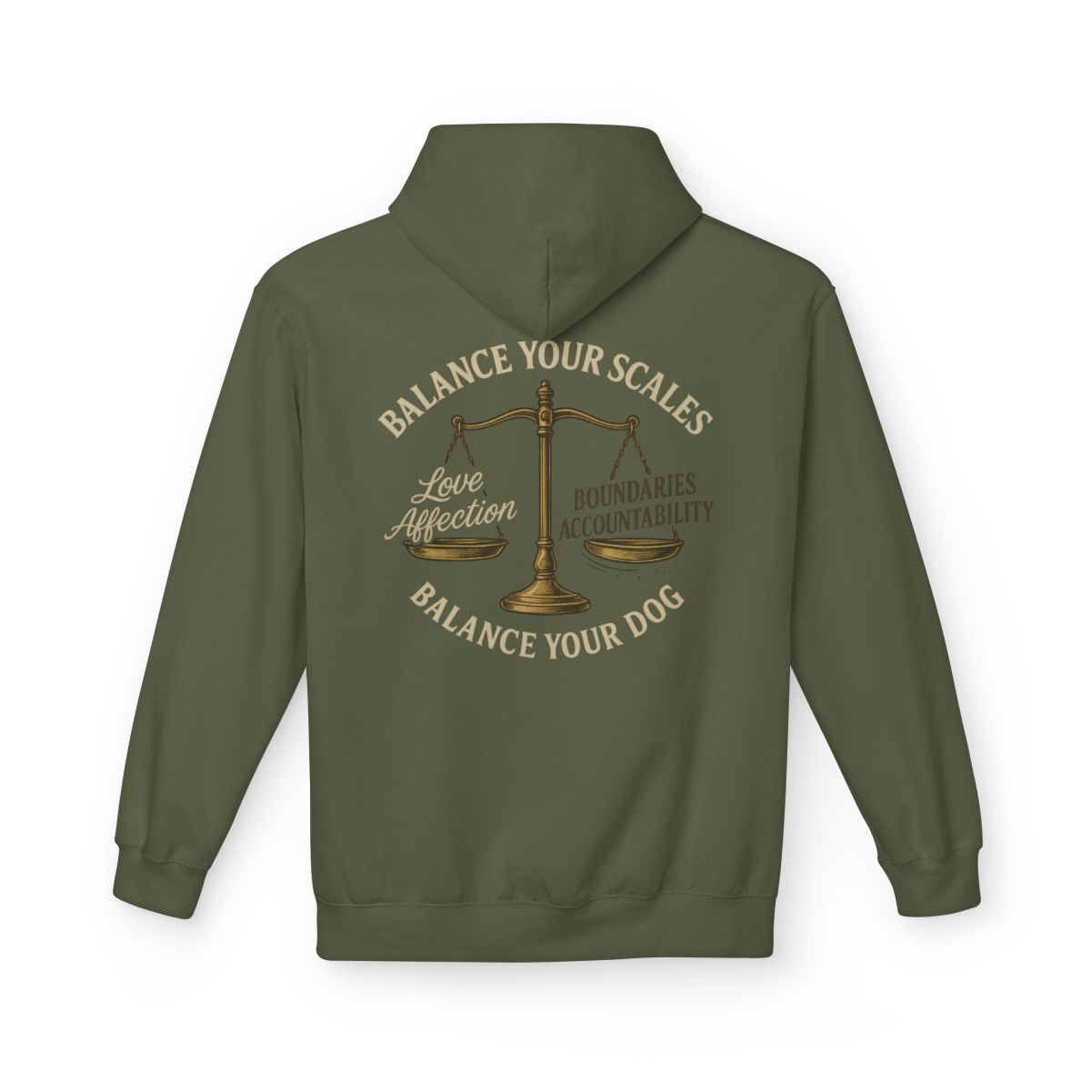 Olive green hoodie with a graphic of a balancing scale, labeled