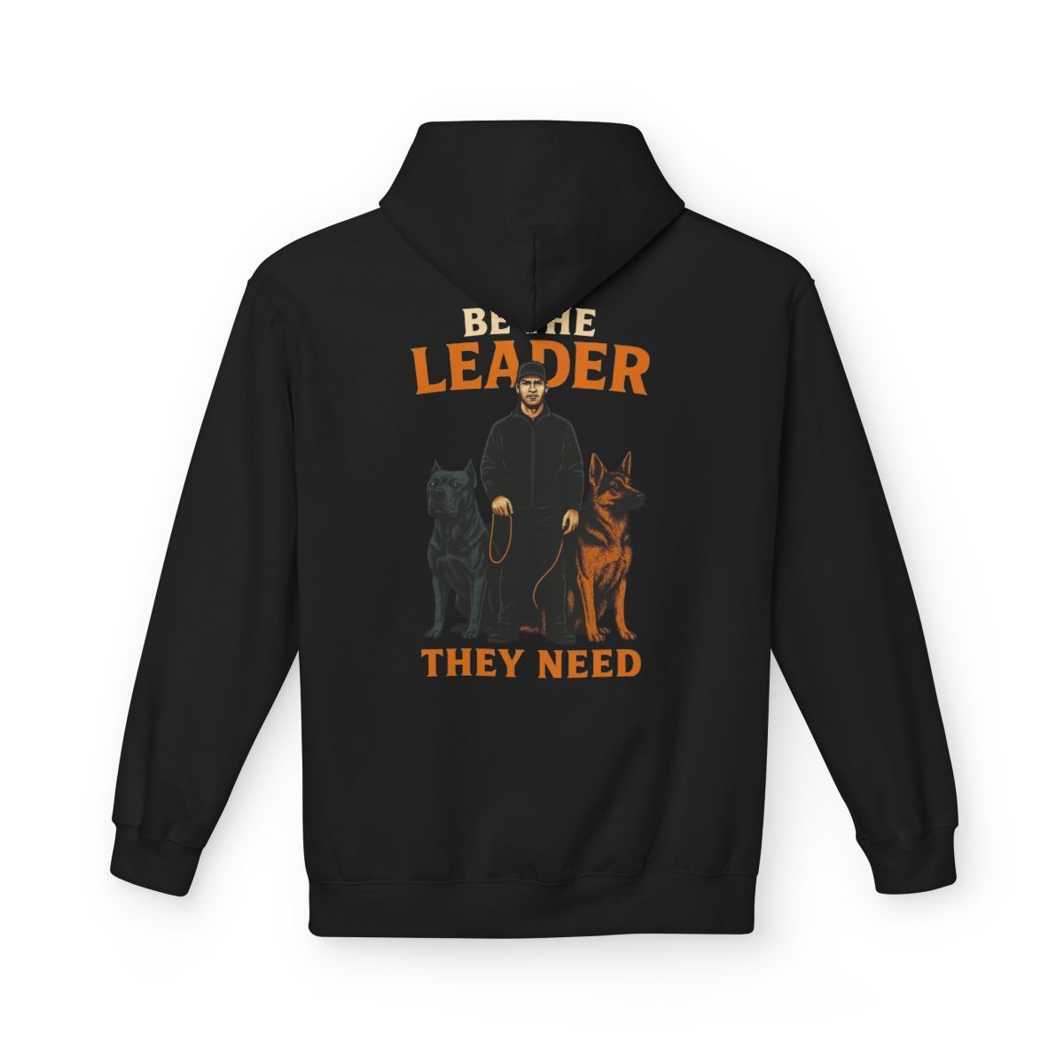 A black zip-up hoodie featuring an orange and white graphic of a person standing between two dogs with