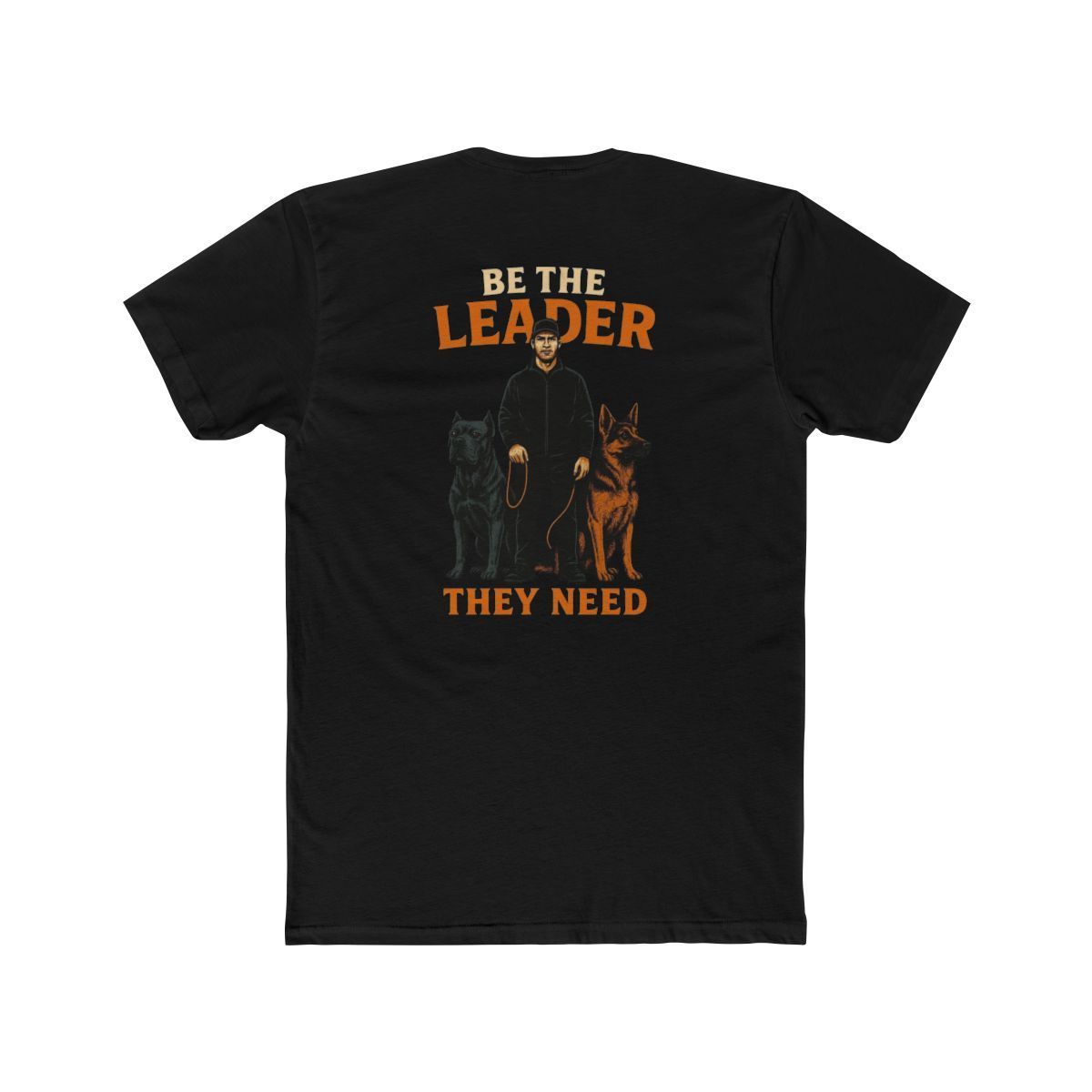 Black t-shirt featuring a person standing between two dogs with the text