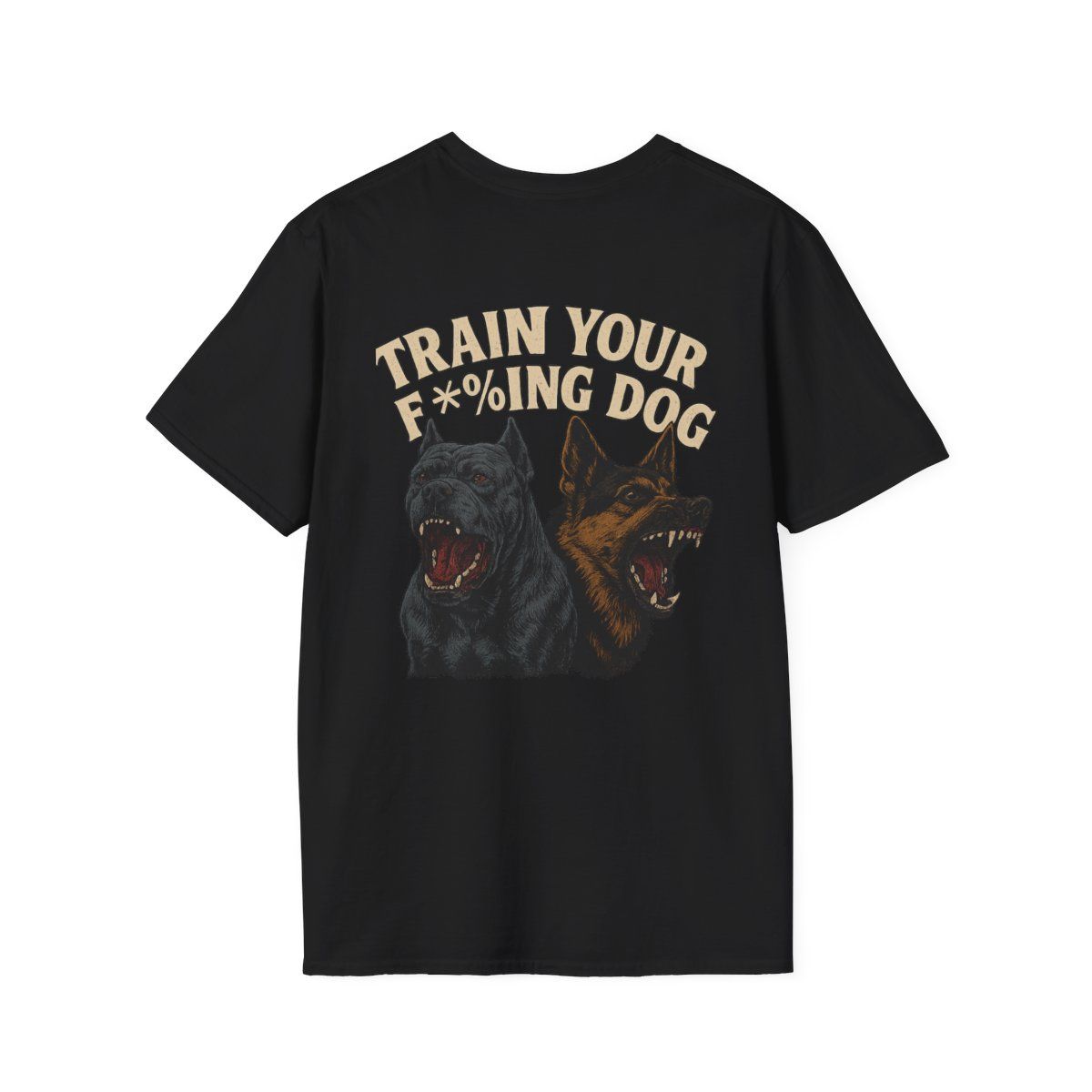 Black t-shirt featuring two snarling dogs and the text