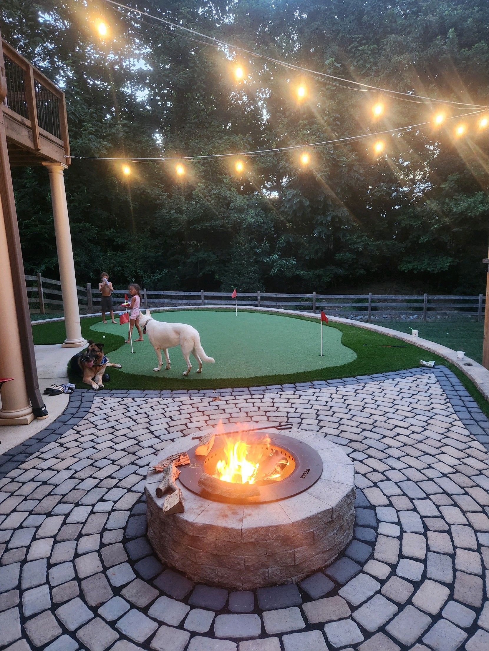Fire pit on stone patio with two dogs and a putting green, lit by string lights.