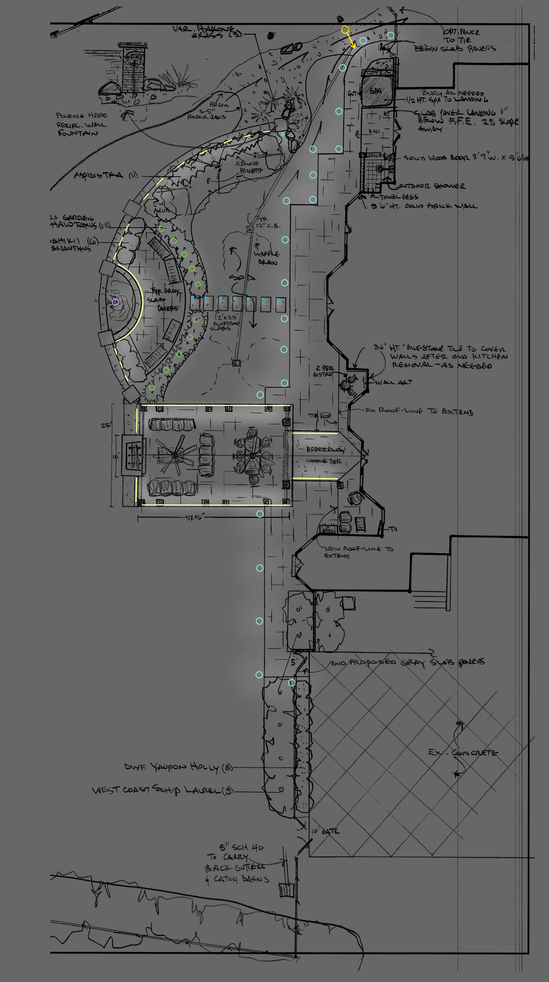 Diagram of a building section. Shows a home with landscaping, detailing interior and exterior features, and plants.