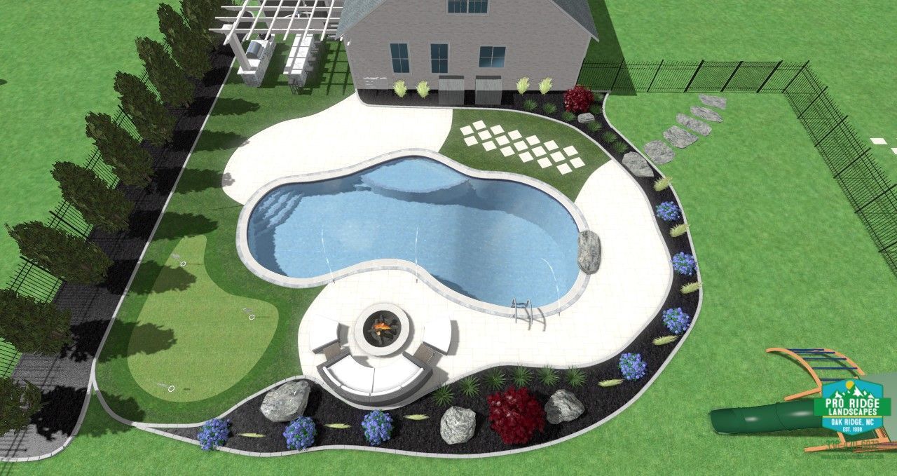 Aerial view of a backyard with a pool, fire pit, and landscaping with trees, rocks, and bushes.