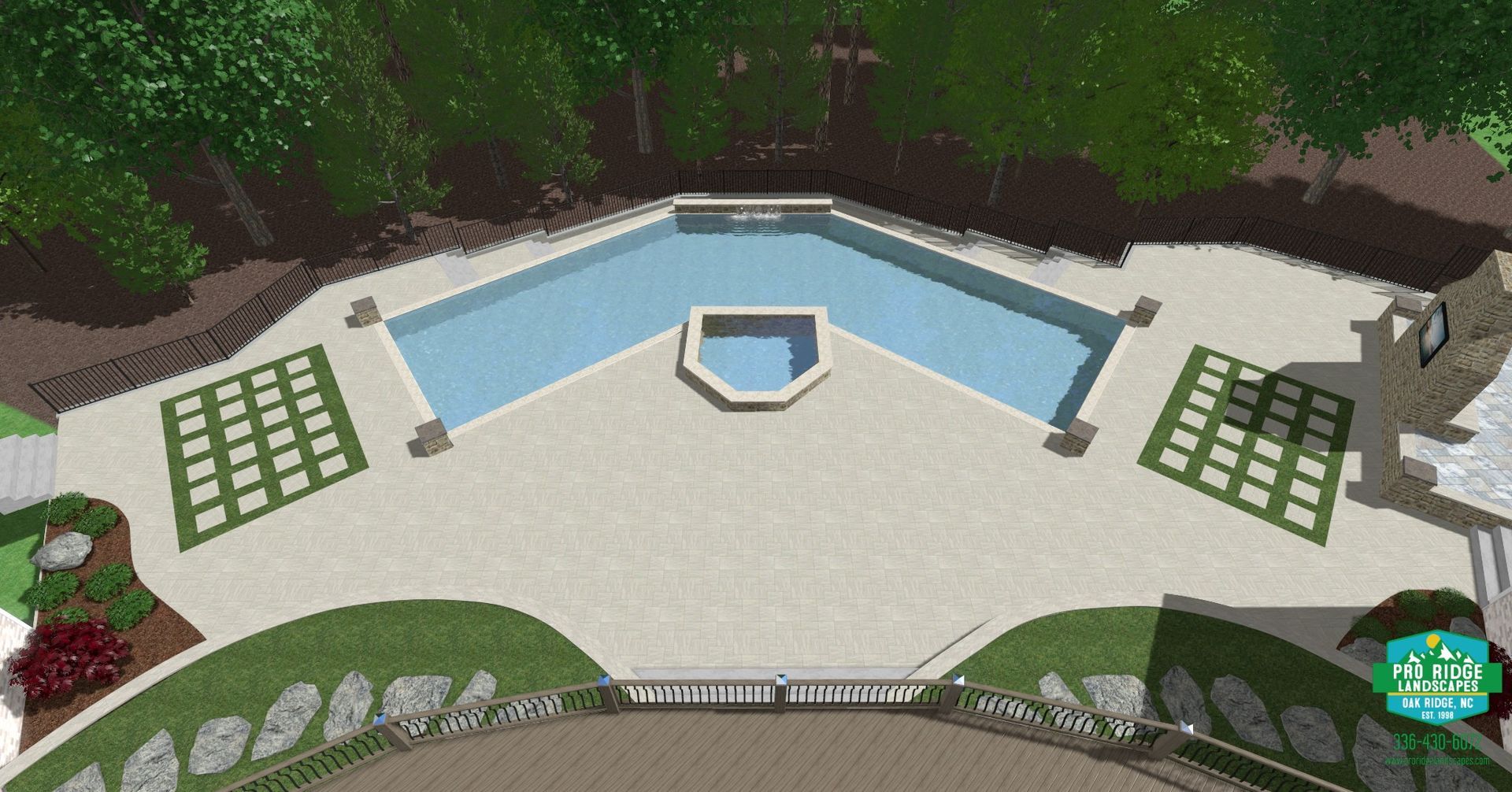 Top-down view of a pool with fountain, patio, and landscaping.