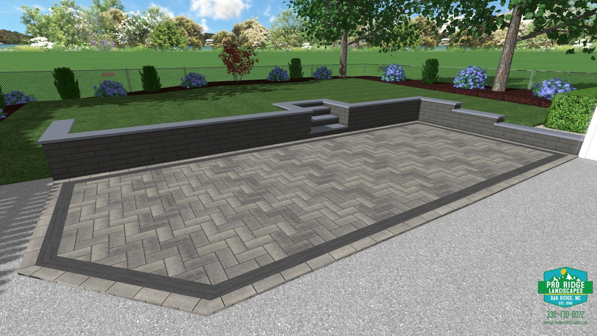 Patio with herringbone pavers, retaining wall, steps, and landscaped garden.