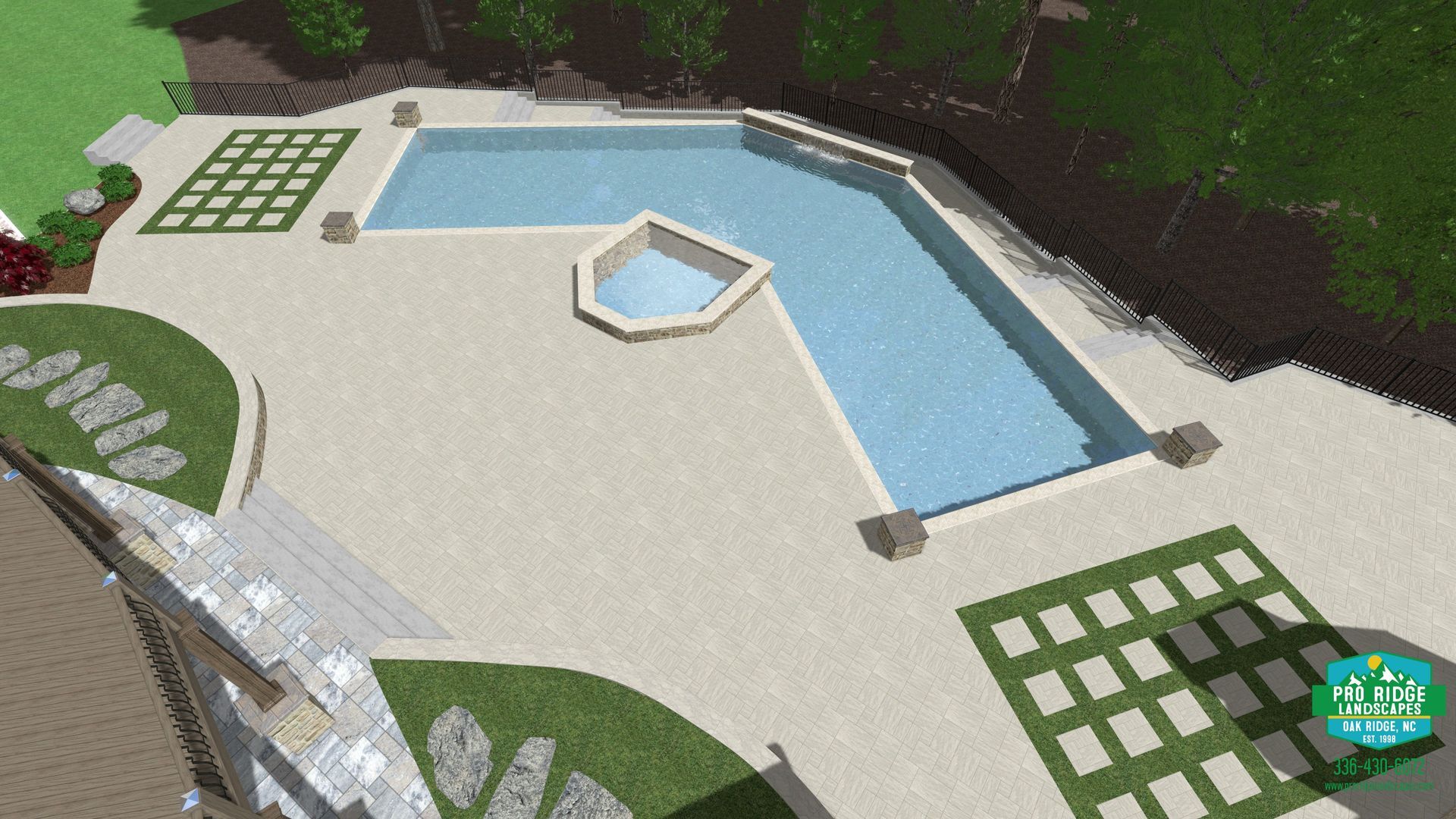 A pool with a jacuzzi and patio in a backyard with landscaping. Sunlight illuminates the water and surrounding area.