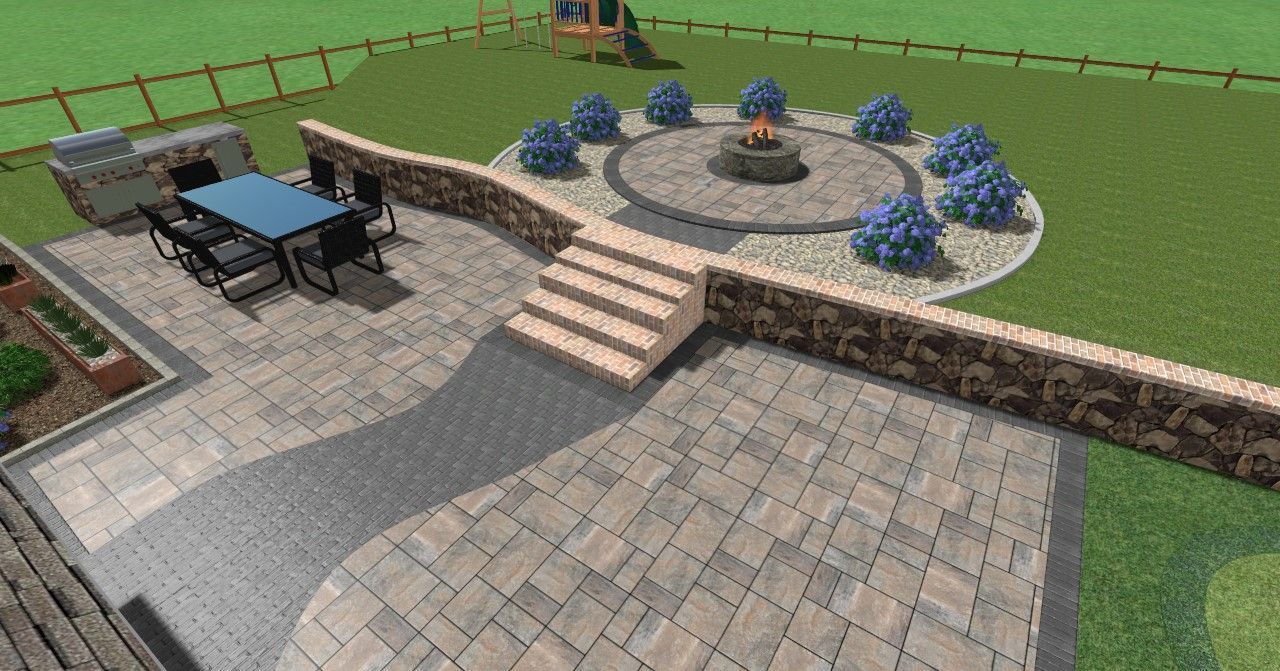 A backyard patio with various stone patterns, including a dining area, a fire pit surrounded by bushes, and a barbecue area.