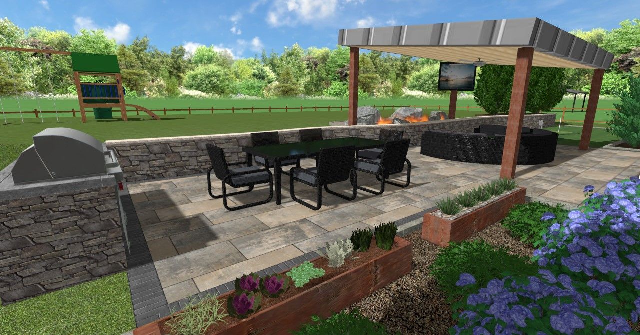 Outdoor patio with dining set, grill, and fire pit area; lush greenery and a playground in the background.