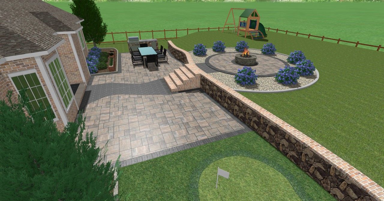 Backyard with a stone patio, seating area, fire pit surrounded by bushes, a playground, and a putting green.
