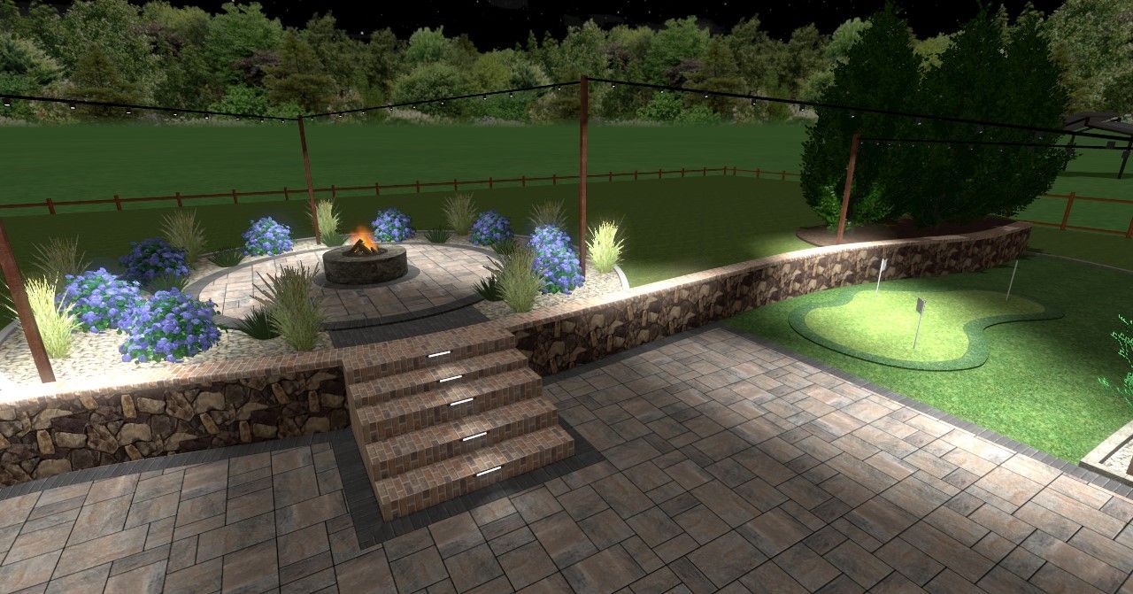 Nighttime rendering of a backyard patio with a fire pit, stone stairs, landscaping with blue flowers, and a putting green, illuminated by lights.