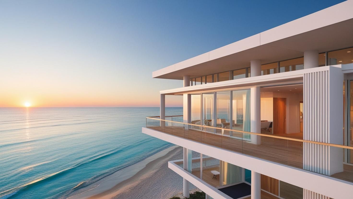 A large white building with a balcony overlooking the ocean.