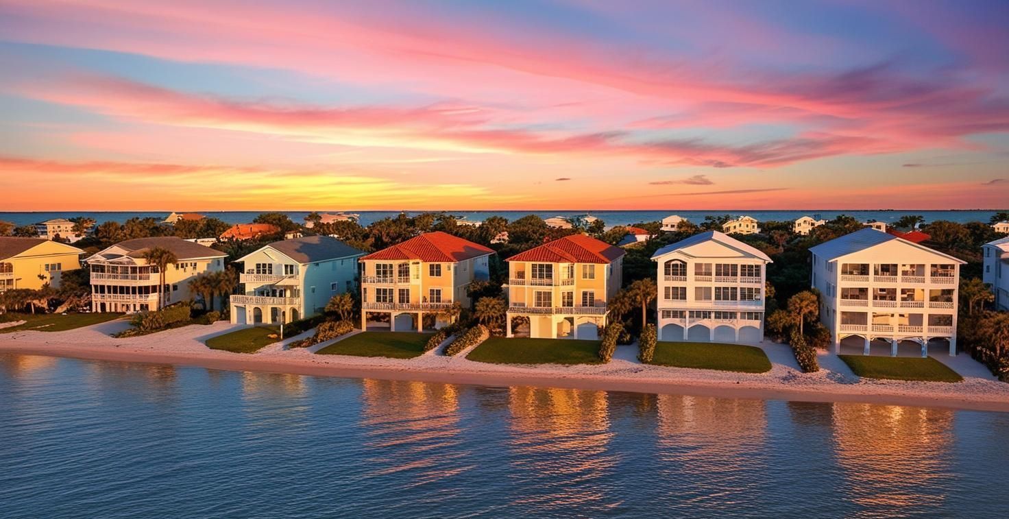 An aerial view of a row of houses next to a body of water at sunset.