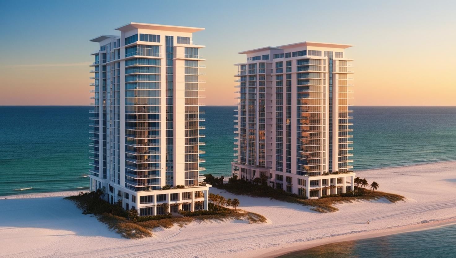 Two tall buildings on a beach near the ocean