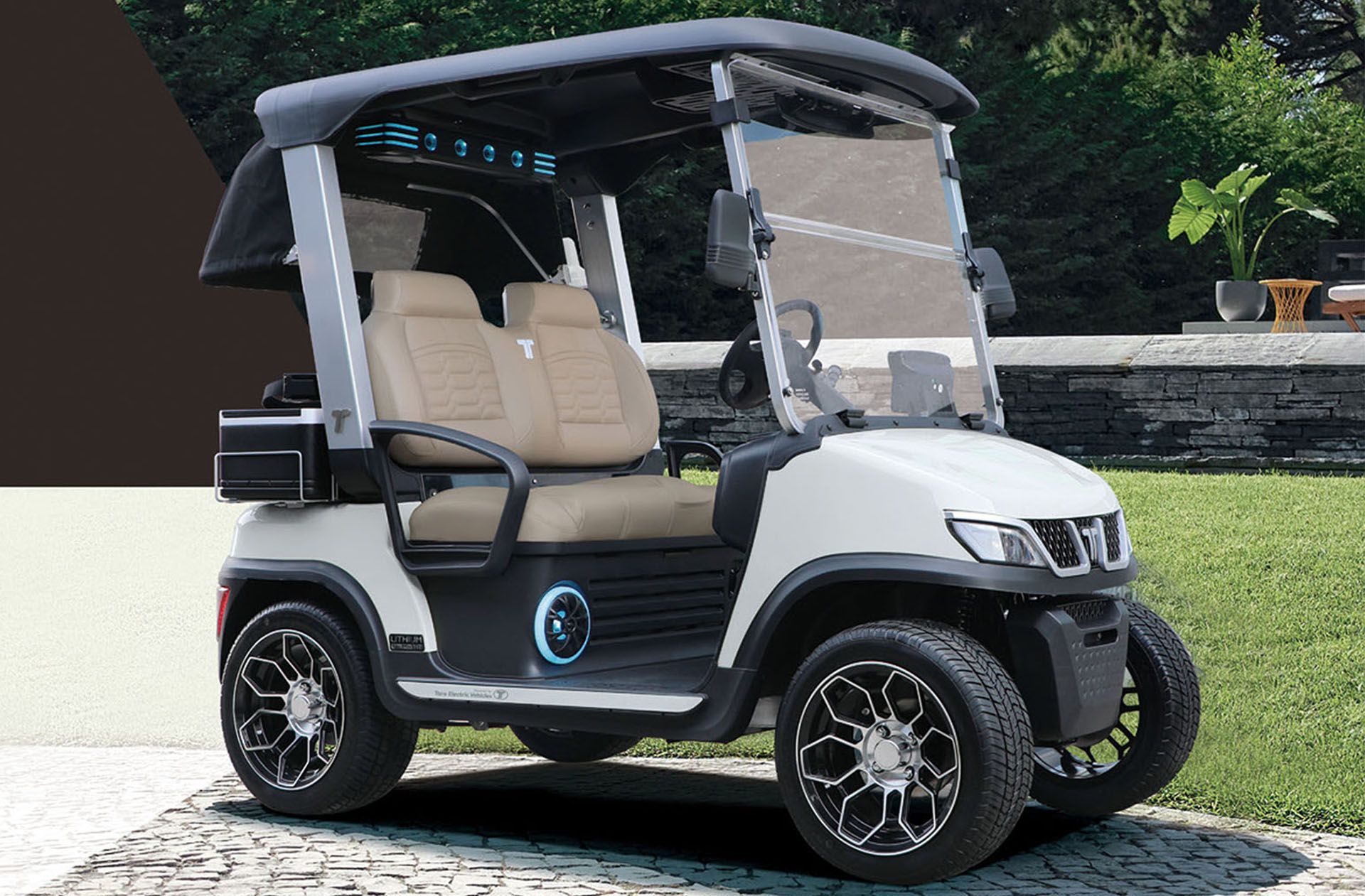 A white Tara series cart with beige seats