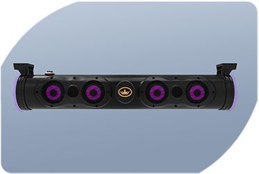 A black speaker with purple lights on a blue background.
