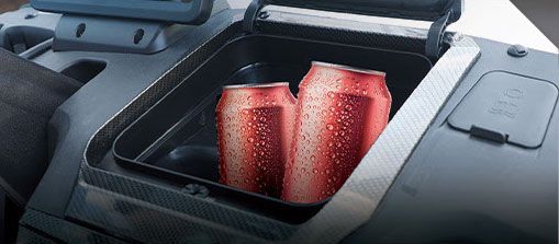 Two cans of soda are sitting in a cooler in a car.