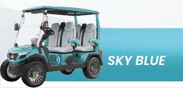 A blue golf cart is sitting on top of a blue surface.
