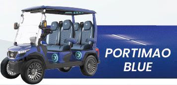 A blue golf cart is sitting on top of a blue surface.