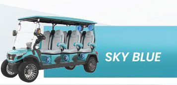 A blue golf cart is sitting on top of a blue surface.