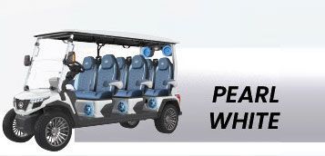 A white golf cart with blue seats on a white background.