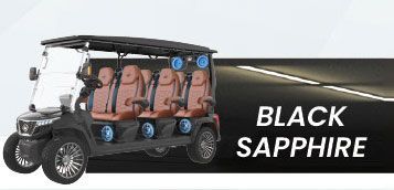 A black golf cart is parked on the side of a road.