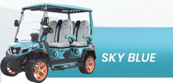 A blue golf cart is sitting on top of a blue surface.