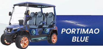 A blue golf cart is sitting on top of a blue surface.