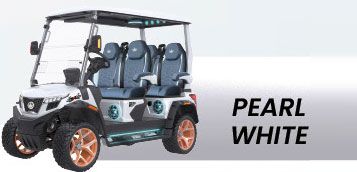 A pearl white golf cart is sitting on top of a white surface.