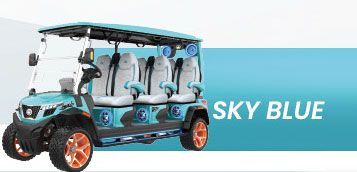 A blue golf cart is sitting on top of a blue surface.