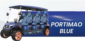 A blue golf cart is sitting on top of a blue surface.
