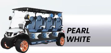 A pearl white golf cart with blue seats and orange wheels.