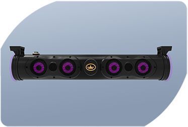 A black speaker with purple lights on a blue background.