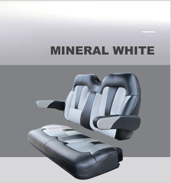 A black and white seat that says mineral white on it